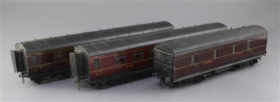 A set of three Exley LMS coaches, nos. 1221 and 8880 and car transporter 30710